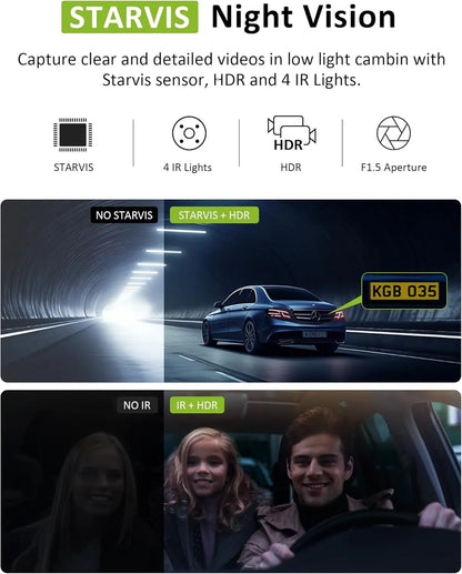 4K Triple-Channel Dash Cam with STARVIS Sensor, 5GHz WiFi, 64GB Card Included, 2160P+1080P+1080P Resolution, 3.16" IPS Screen, IR Night Vision, HDR, and 24/7 Parking Mode