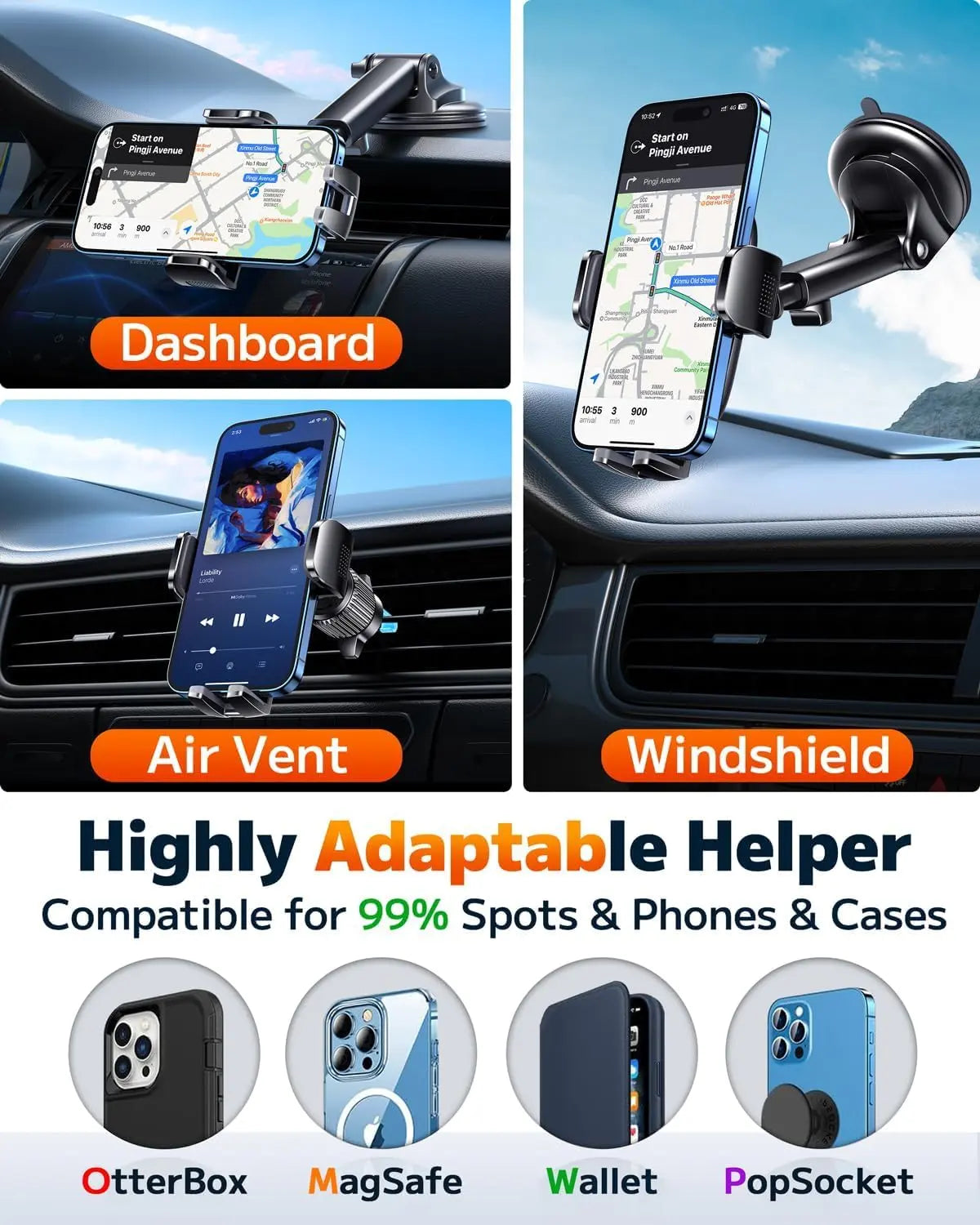 Universal Car Phone Holder Mount for Windshield, Dashboard, and Air Vent - Hands-Free Support for iPhone, Smartphones, and Cameras