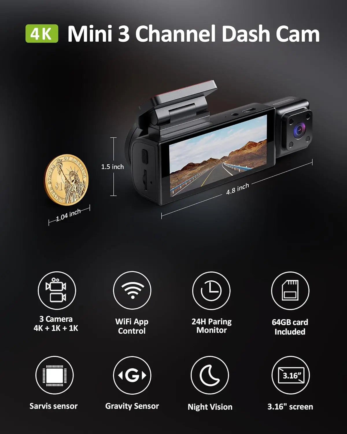 4K Triple-Channel Dash Cam with STARVIS Sensor, 5GHz WiFi, 64GB Card Included, 2160P+1080P+1080P Resolution, 3.16" IPS Screen, IR Night Vision, HDR, and 24/7 Parking Mode