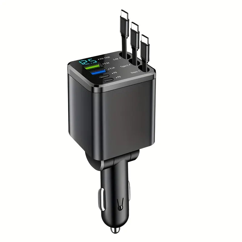 Smart Universal Fast Retractable Car Charger with Dual USB Type-C Cables, LED Voltage Display, PD Fast Charging, 13.8V Multi-Port Output, Compact Plug & Play Design, Compatible with Phones, Tablets, and Laptops for Travel and Daily Use