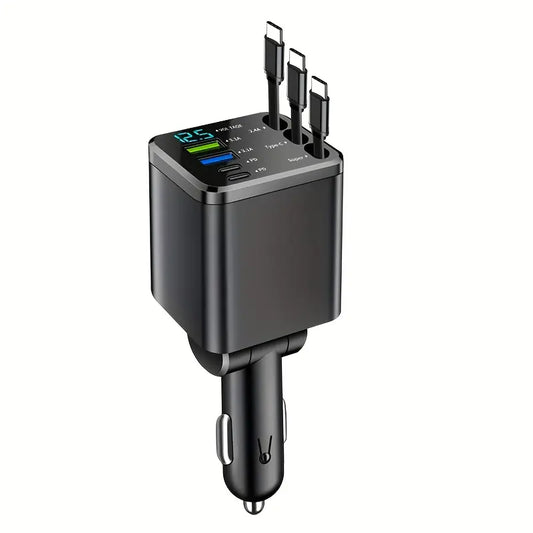 Smart Universal Fast Retractable Car Charger with Dual USB Type-C Cables, LED Voltage Display, PD Fast Charging, 13.8V Multi-Port Output, Compact Plug & Play Design, Compatible with Phones, Tablets, and Laptops for Travel and Daily Use