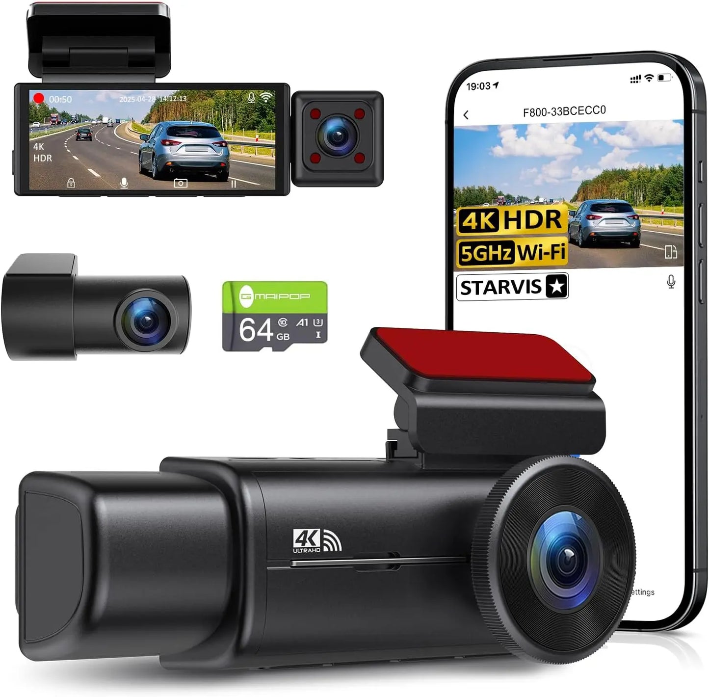 4K Triple-Channel Dash Cam with STARVIS Sensor, 5GHz WiFi, 64GB Card Included, 2160P+1080P+1080P Resolution, 3.16" IPS Screen, IR Night Vision, HDR, and 24/7 Parking Mode