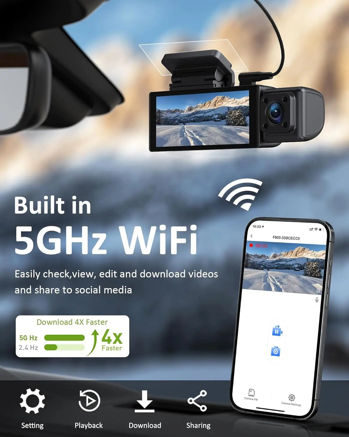 4K Triple-Channel Dash Cam with STARVIS Sensor, 5GHz WiFi, 64GB Card Included, 2160P+1080P+1080P Resolution, 3.16" IPS Screen, IR Night Vision, HDR, and 24/7 Parking Mode