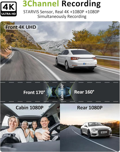 4K Triple-Channel Dash Cam with STARVIS Sensor, 5GHz WiFi, 64GB Card Included, 2160P+1080P+1080P Resolution, 3.16" IPS Screen, IR Night Vision, HDR, and 24/7 Parking Mode